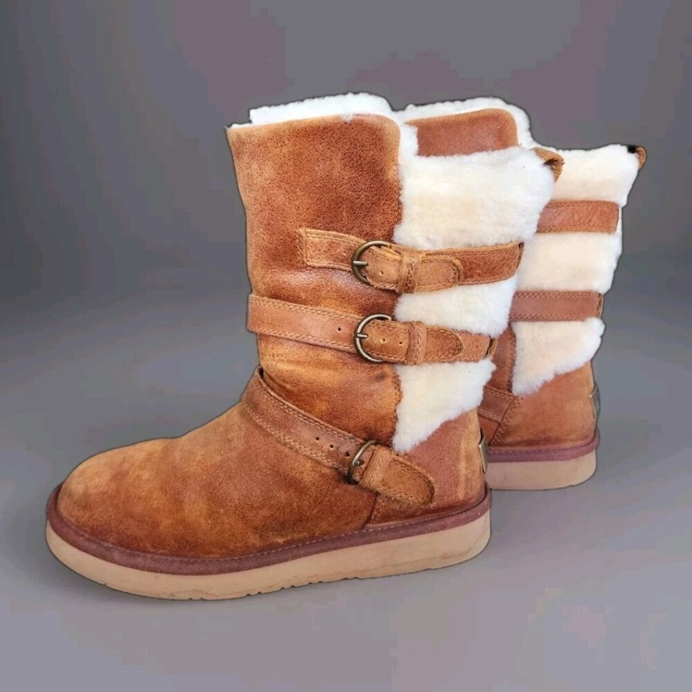 UGG Women size 7 Becket Leather & Shearling Mid-Calf Boots Chestnut Brown